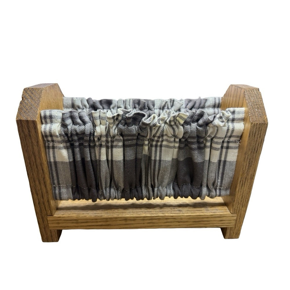 Vintage Wooden Napkin Holder  white/black plaid‎ Fabric Cottage Farmhouse Decor
